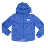 Giacca a vento blu con cappuccio e zip centrale per bambino, logo BKK stampato bianco