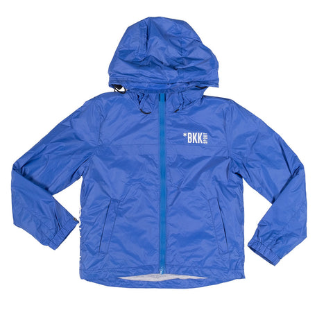 Giacca a vento blu con cappuccio e zip centrale per bambino, logo BKK stampato bianco