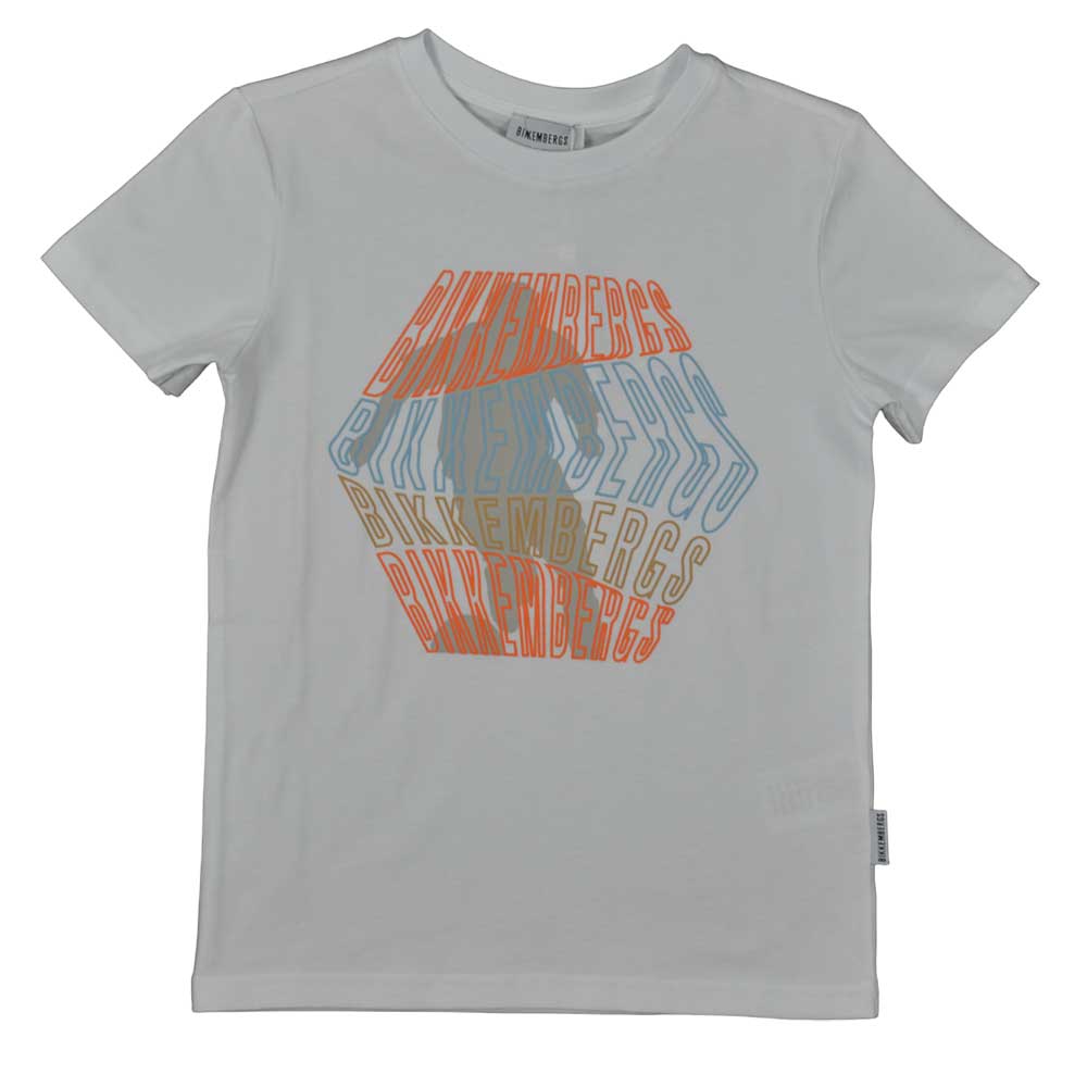 T-shirt from the Bikkembergs children's clothing line, with colorful print on the front.
Composit...