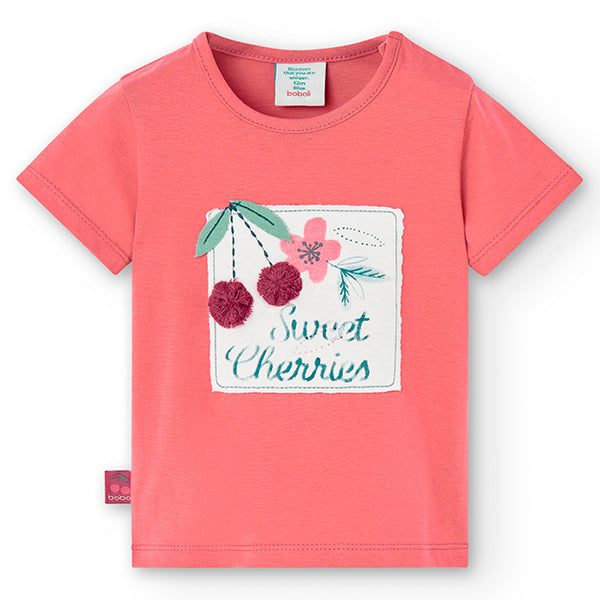 T-shirt de la Ligne Vêtements Fille Boboli, avec impression sur le devant et fleurs en tissu appl...