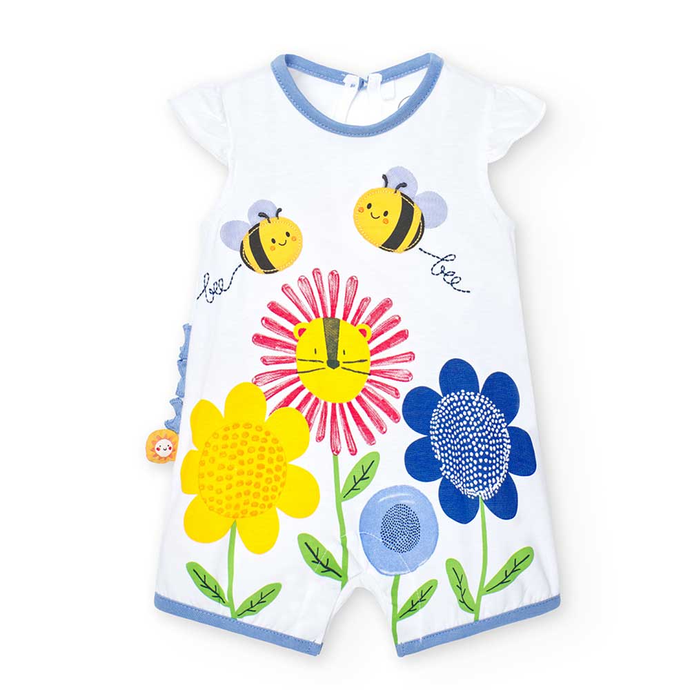 
Romper from the Boboli Girls' Clothing Line, with colorful print on the front and fabric applica...