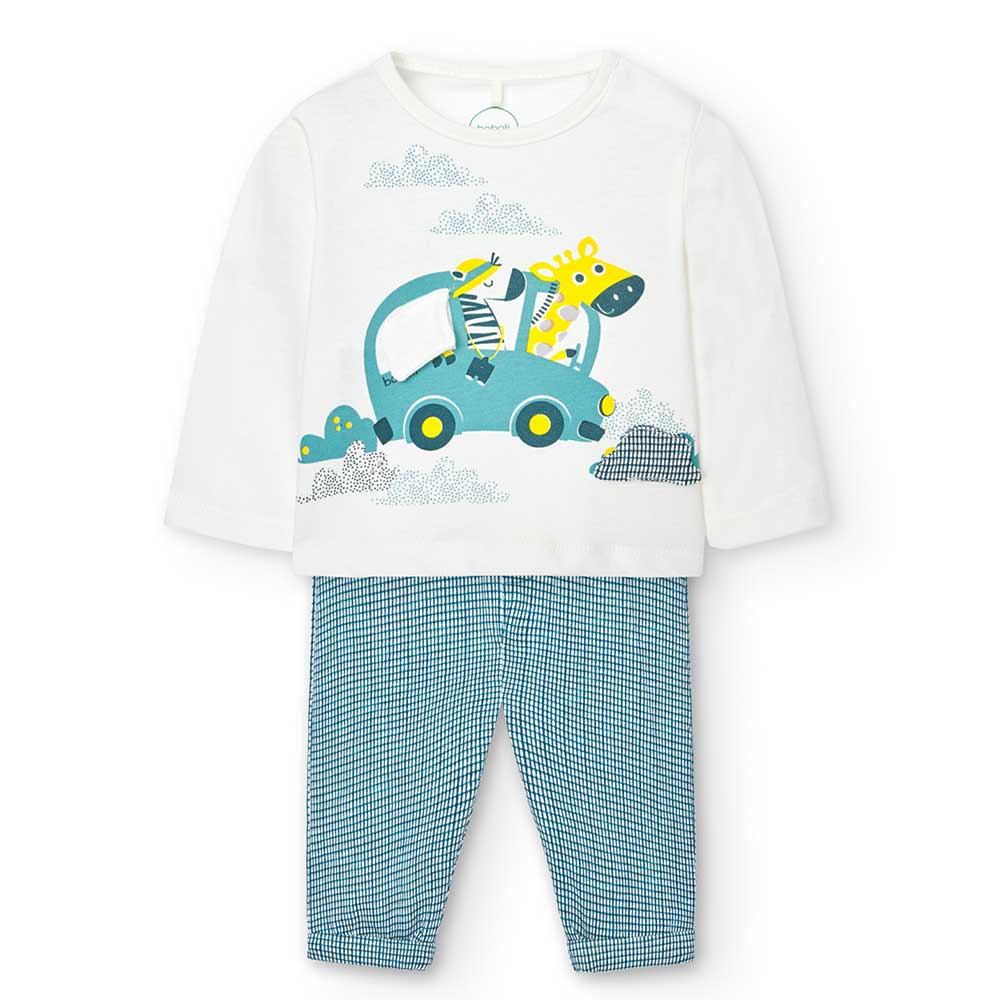 
Two-piece suit from the Boboli children's clothing line, with drop crotch trousers and checked p...