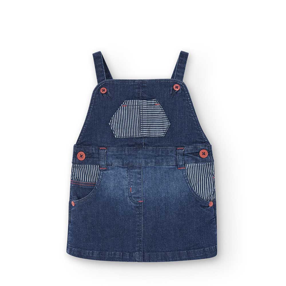 Overalls with skirt from the Boboli Girls' Clothing Line, in denim with striped fabric inserts.
 ...