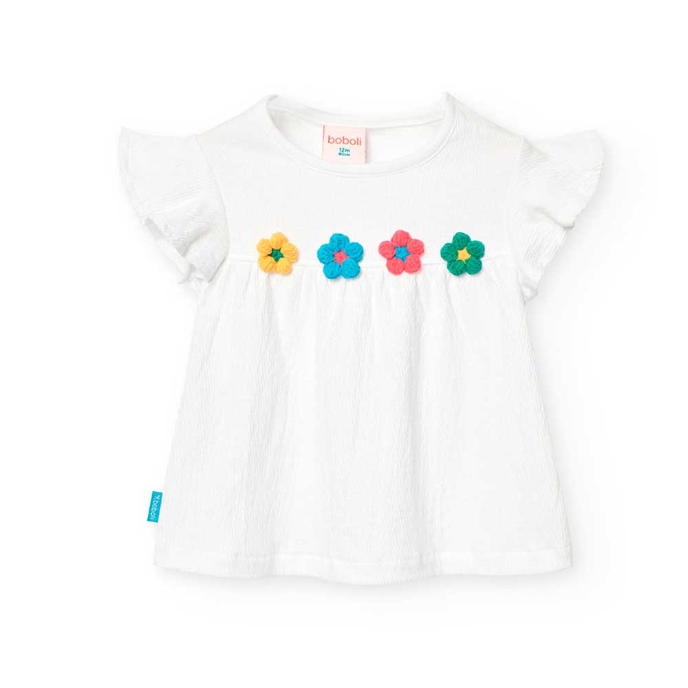 Boboli Girl's Clothing Line T-shirt, with multicolor embroidered flowers on the front.

Compositi...