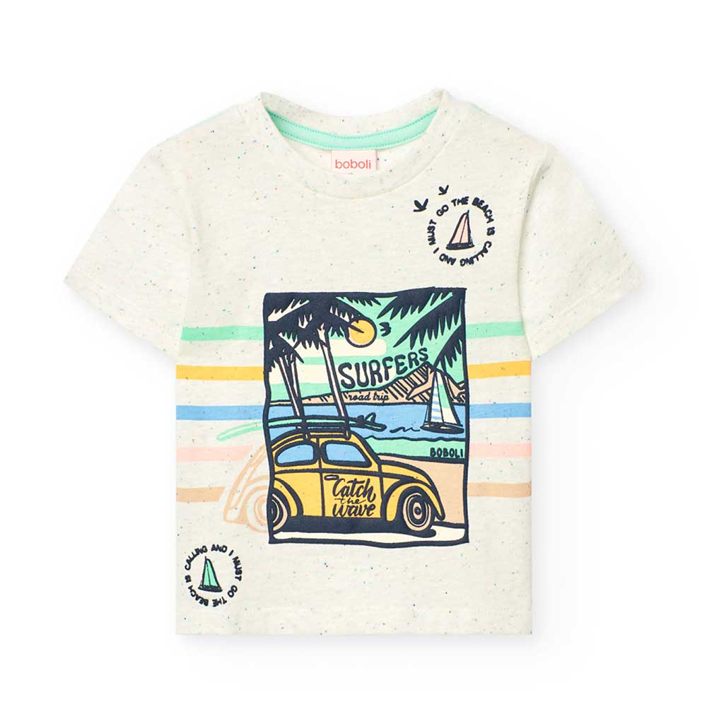 Boboli Children's Clothing Line T-shirt with embossed print on the front and striped pattern at t...