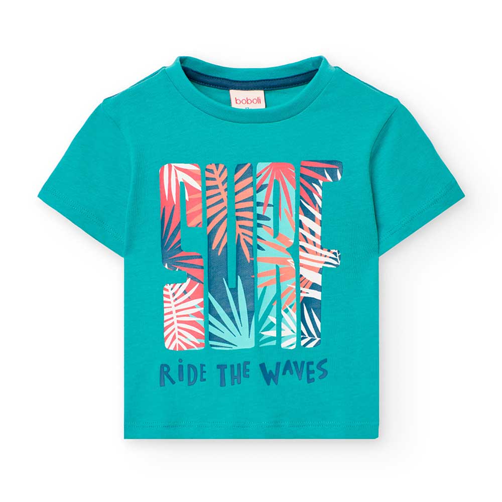 Boboli Children's Clothing Line T-shirt, with tropical print on an aqua green background.

Compos...