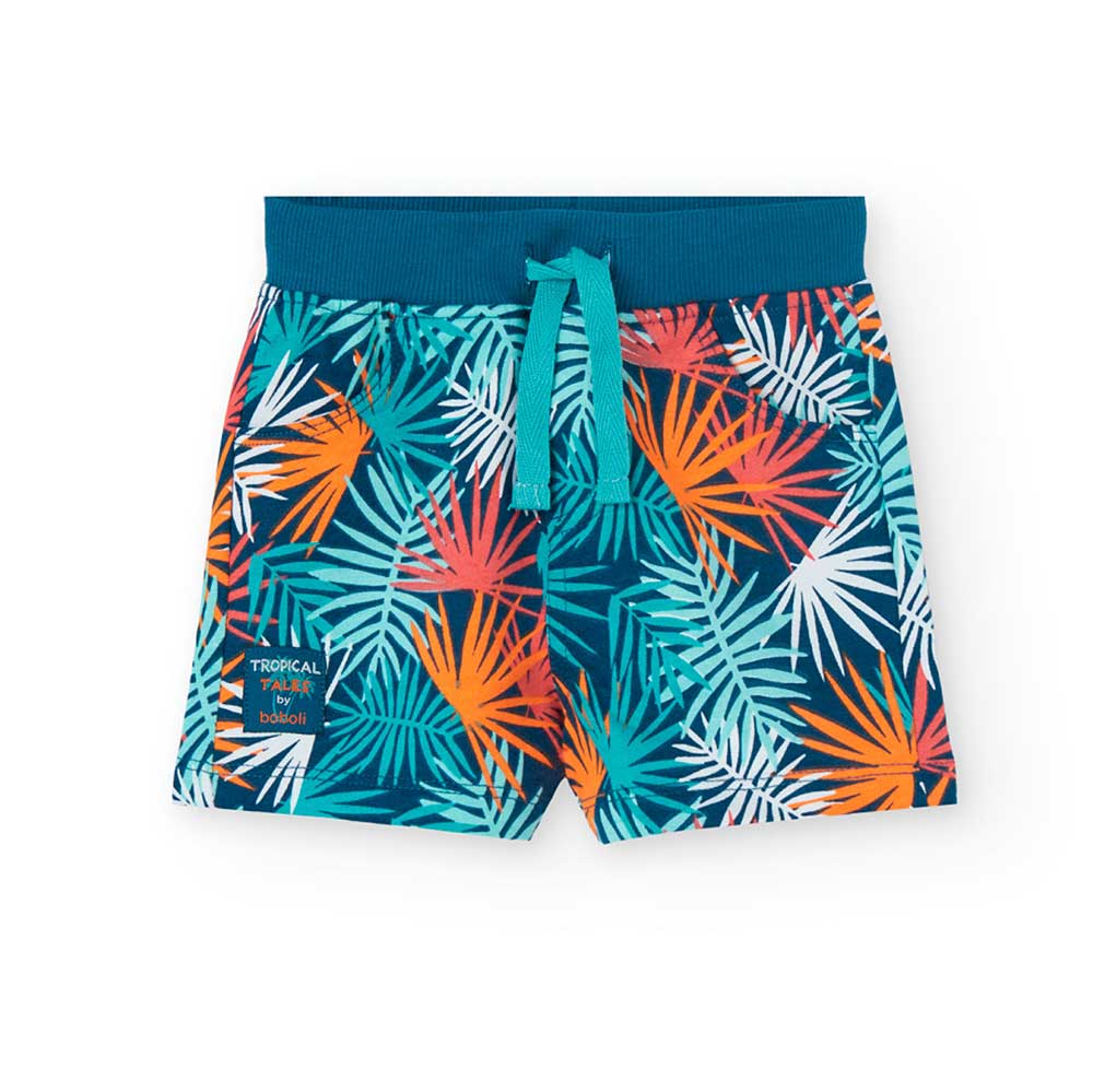 Bermuda morbido della Linea Abbigliamento Bambino Boboli, con fantasia tropical all-over e laccet...