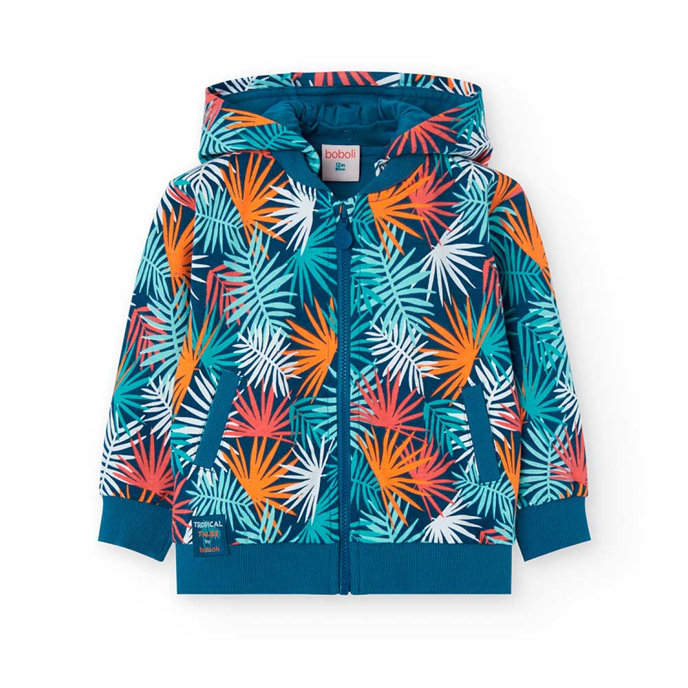 Boboli Children's Clothing Line sweatshirt, with an all-over tropical pattern and a removable hoo...