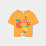 T-shirt corta gialla con stampa di mele e fiori colorati