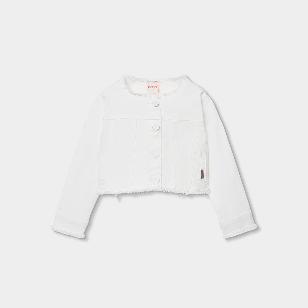 Giubbotto della Linea Abbigliamento Bambina Boboli, con modello corto sfrangiato sul fondo. Chius...
