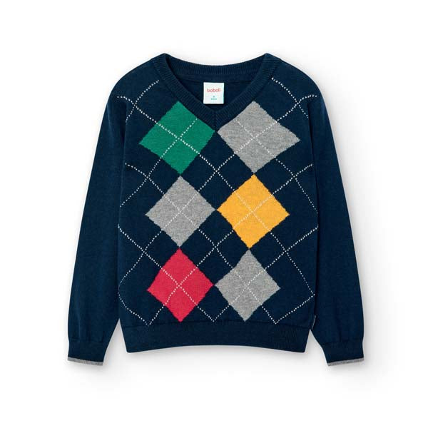 Pull de la ligne Vêtements Enfant Boboli, avec col en V et motif à losanges. 
Compostion : 55 % c...