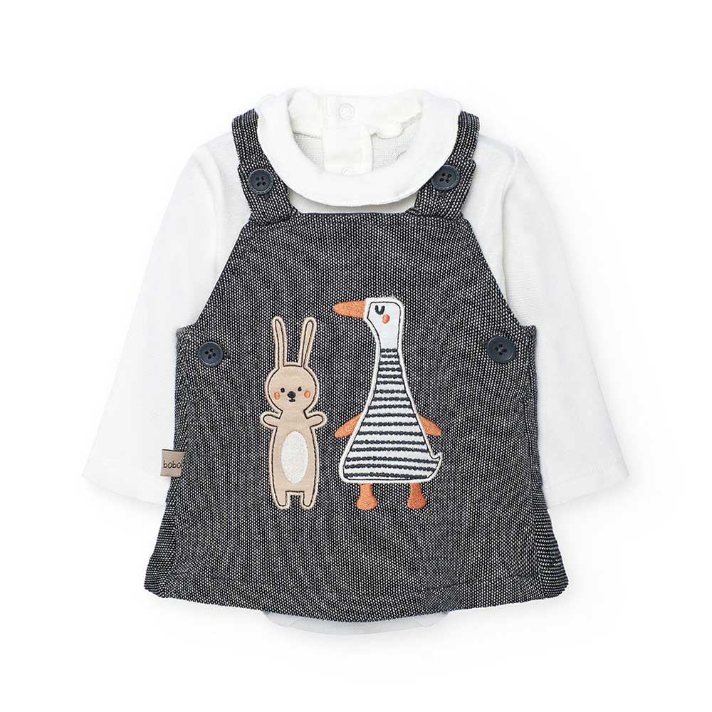 Abitino from the Boboli Girls' Clothing line, featuring salt and pepper colored overalls paired w...