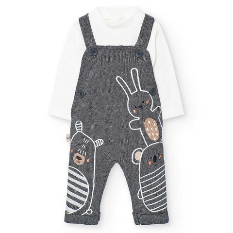 Tuta bimbo con disegni di animali, pantaloni e maglietta a maniche lunghe.