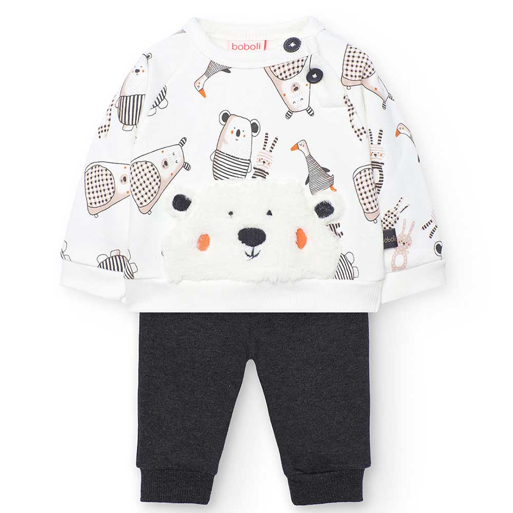 
Ensemble deux pièces de la ligne Vêtements Enfant Boboli, avec pantalon doux uni et sweat à moti...
