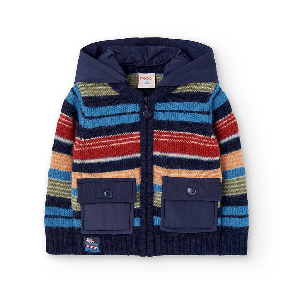 Cardigan de la ligne Vêtements Enfant Boboli, avec capuche amovible, motif rayé multicolore et fe...