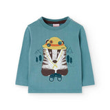 Maglia manica lunga verde acqua con stampa di un orso con cappello giallo e binocolo