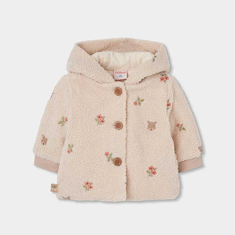 Giacca imbottita beige con cappuccio, piccoli ricami floreali e animaletti per neonata