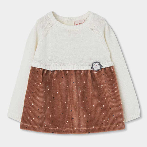 Vestito per neonata con maglia bianca e gonna in velluto marrone a pois
