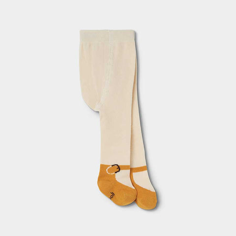 Calzamaglia beige chiaro con piede color senape e design a forma di scarpa