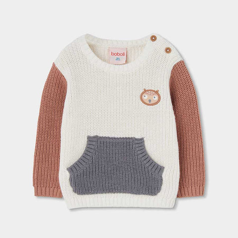 Maglione bianco con maniche colorate rosa e tasca grigia davanti con dettaglio gufo