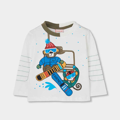 Maglietta bianca a manica lunga con stampa di orso e scimmia snowboarder colorata