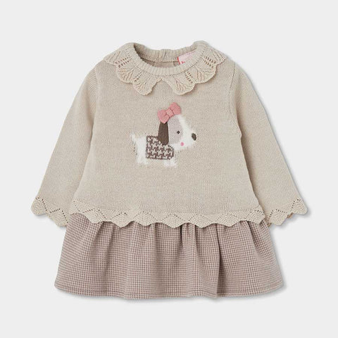 Vestito maglia combinato beige con gonna pied de poule e cane decorativo rosa