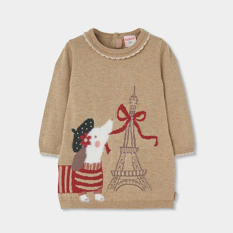 Vestito maglia beige con disegno cagnolino e torre Eiffel decorata con fiocco rosso