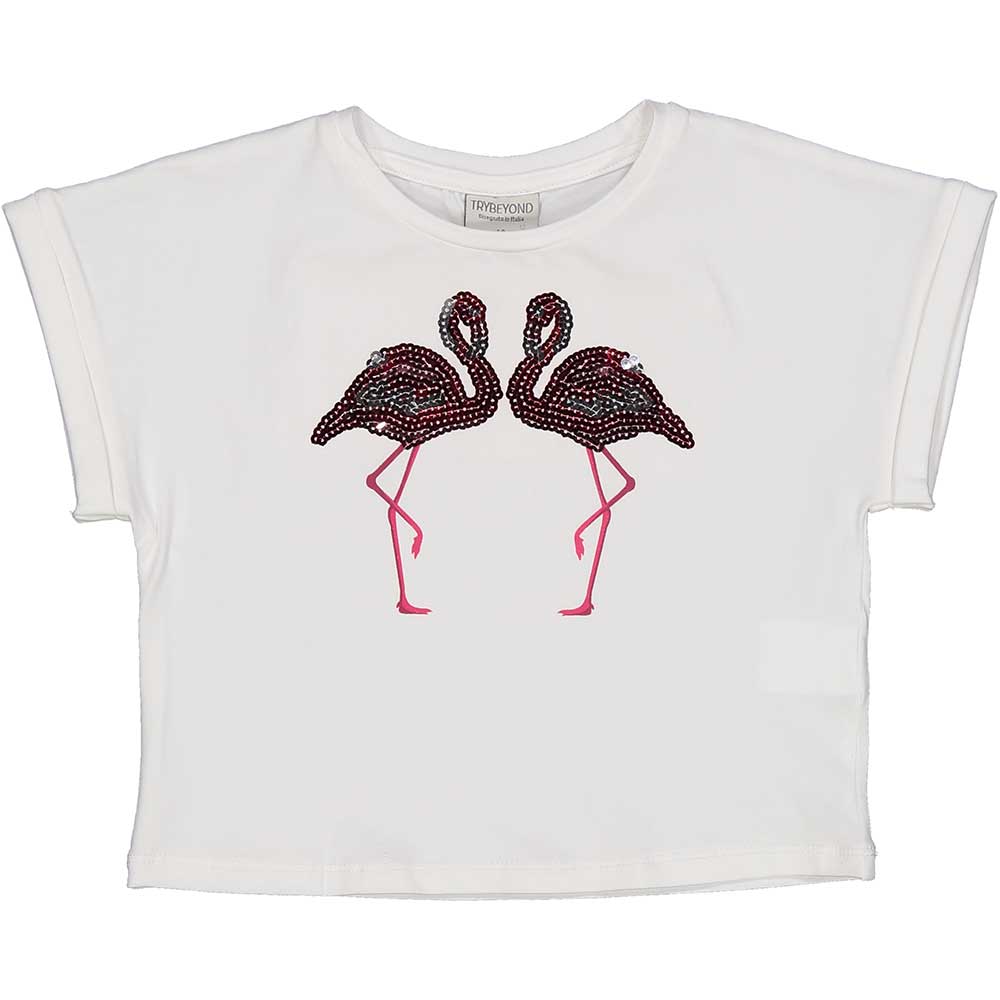 Top de la ligne Vêtements Fille Trybeyond, avec modèle court carré et dessin de flamants roses su...