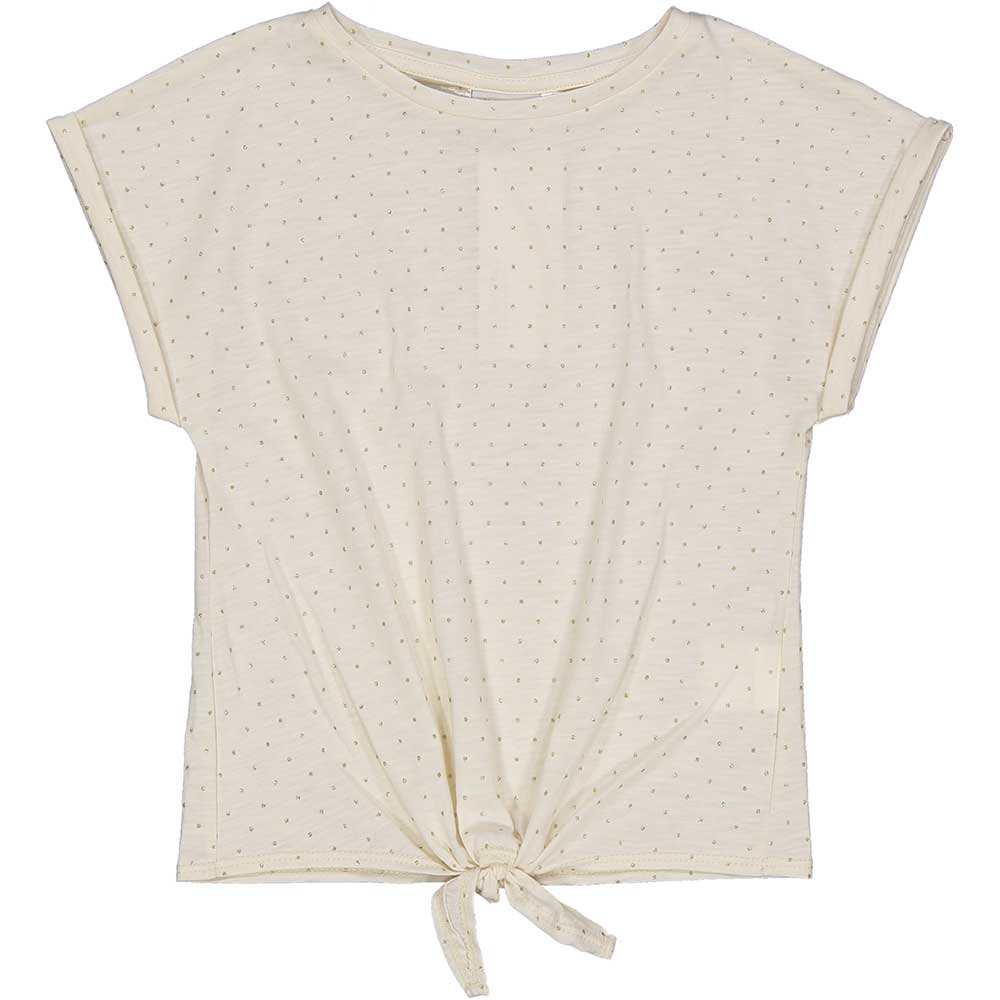 Top from the Trybeyond Girls' Clothing Line, with knot on the front and lurex micro-polka dot pat...