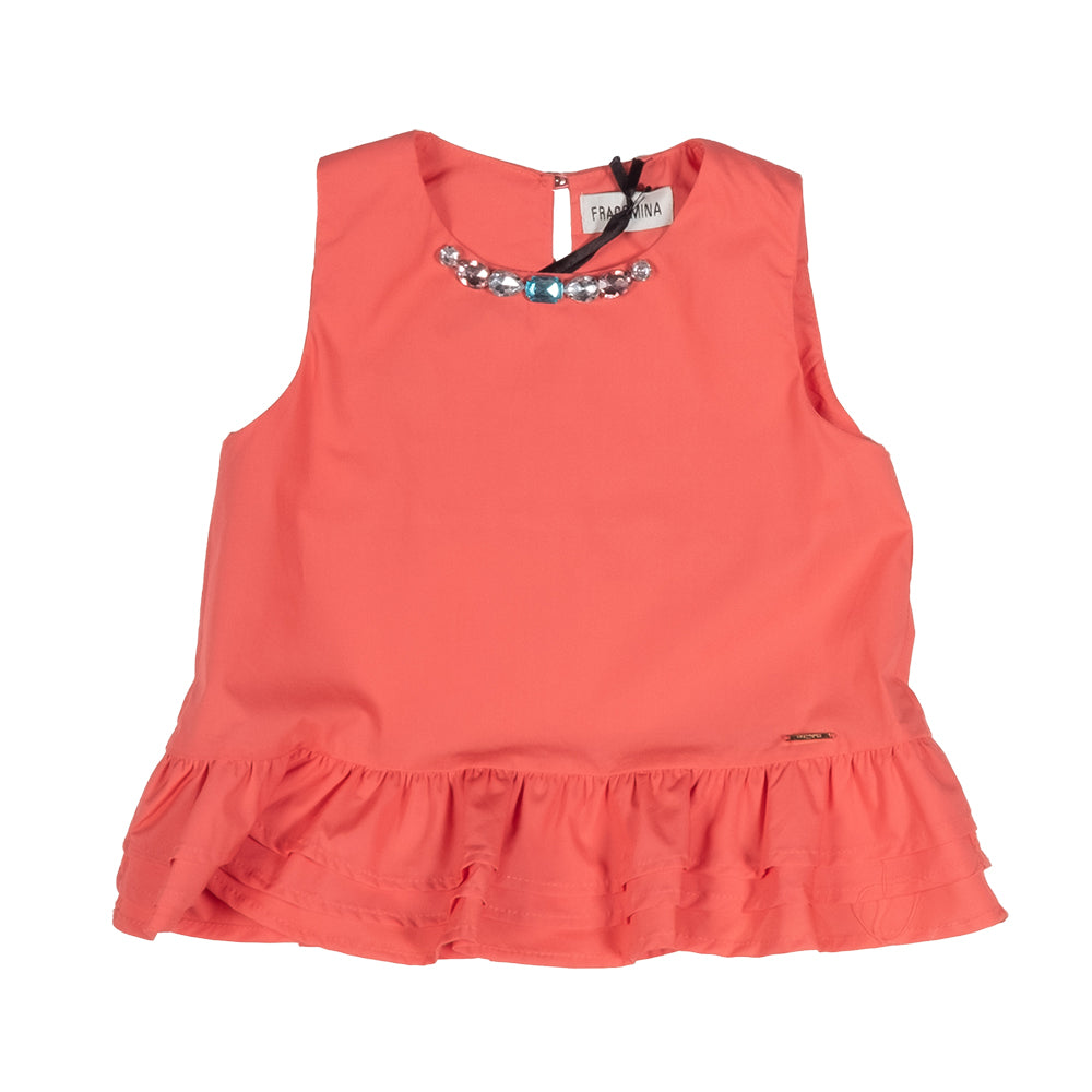 Top de la ligne Vêtements Fille Fracomina, élégant avec encolure ronde et volants au bas. Applica...