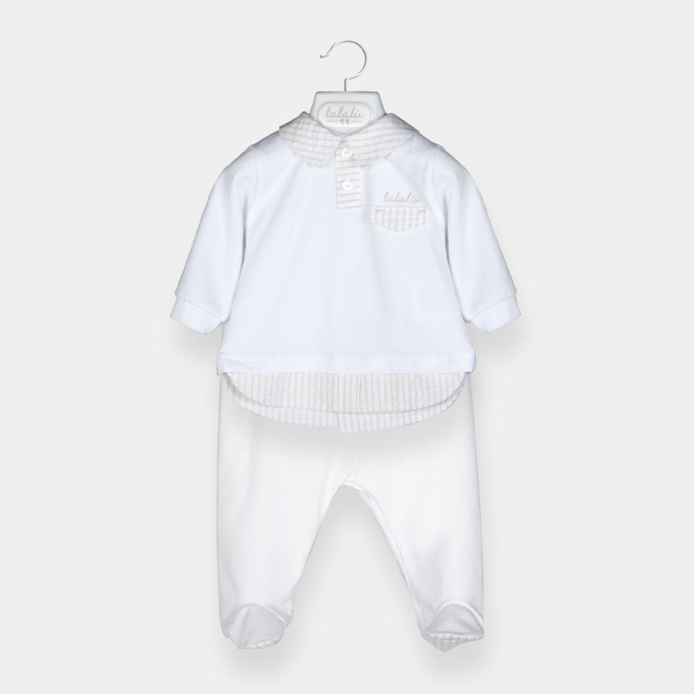 
Two-piece suit from the Lalalù Childrenswear line, with feet. The jacket has a shirt collar and ...
