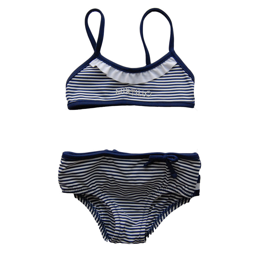 
  Bikini from the Mirtillo girl clothing line. Two-tone striped pattern, band
  with rhinestones...