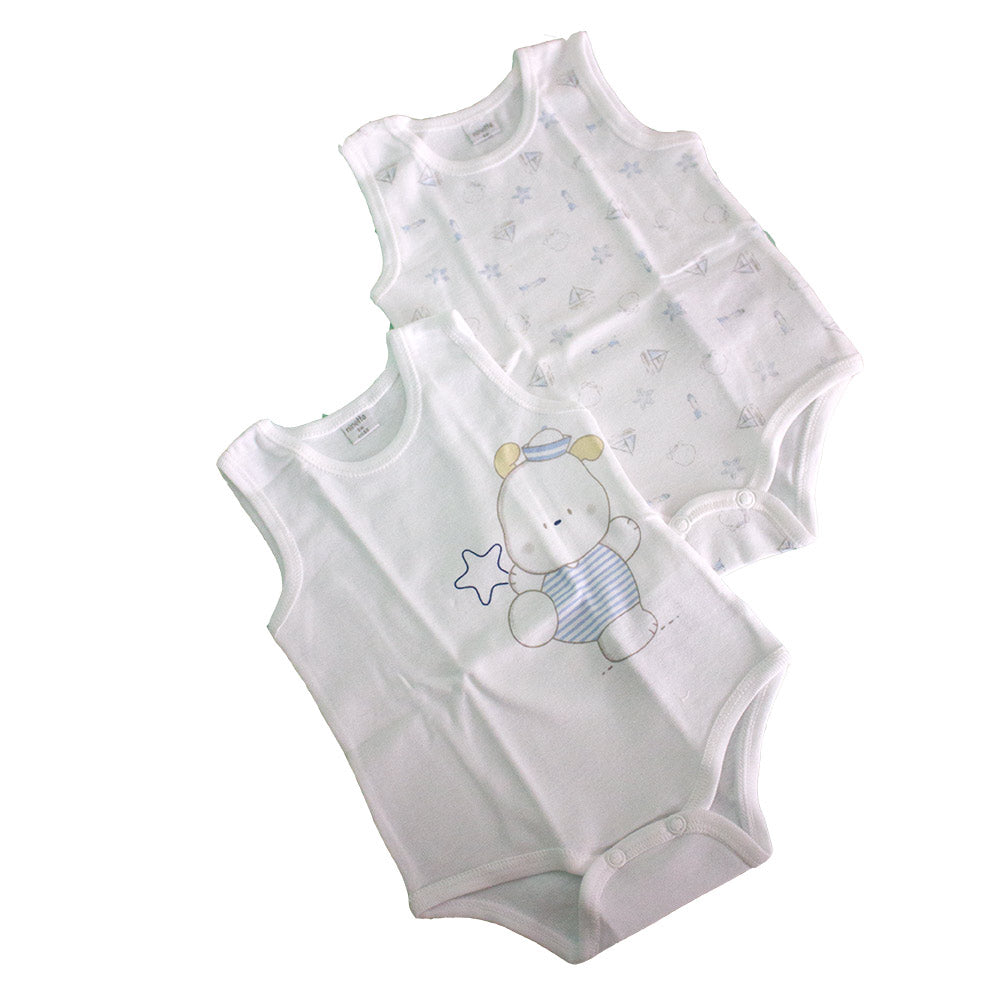 Lot de deux bodies sans manches de la ligne lingerie enfant Ninetta. L'un avec un imprimé voilier...