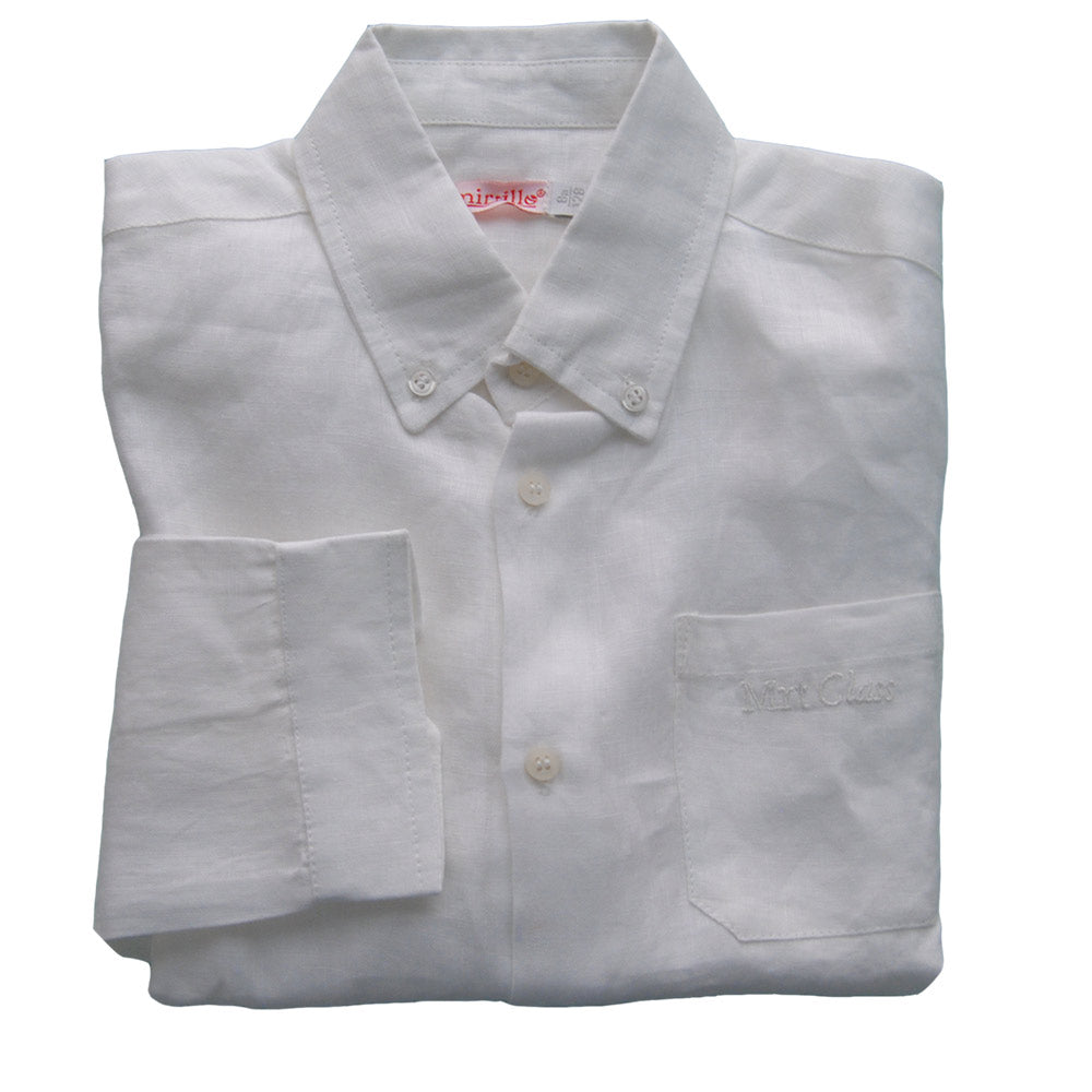 Camisa en lin de la línea de ropa infantil Mirtillo. Color liso con un pequeño bolsillo en la par...