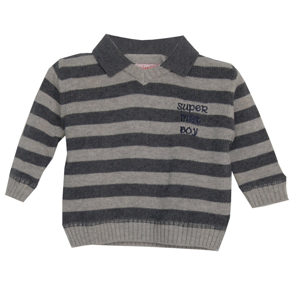 Pull de la ligne de vêtements pour enfants Mirtillo à rayures. Col chemise et broderie sur le dev...