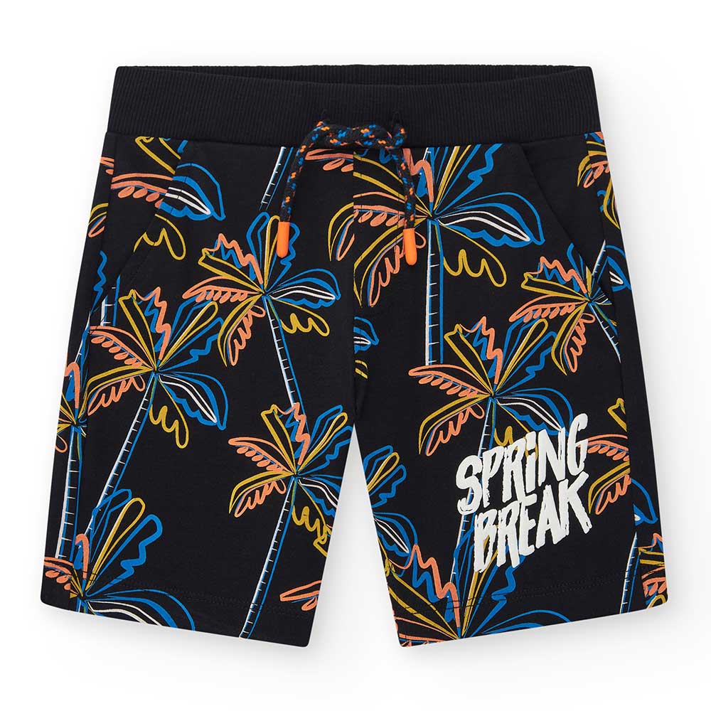 Bermuda de la ligne Vêtements Enfant Nath Kids, avec un motif aux couleurs vives sur fond noir.Co...