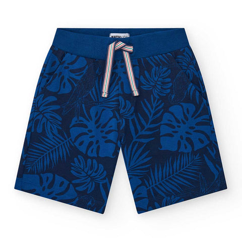 Bermuda mare blu con fantasia tropicale e cintura elastica.