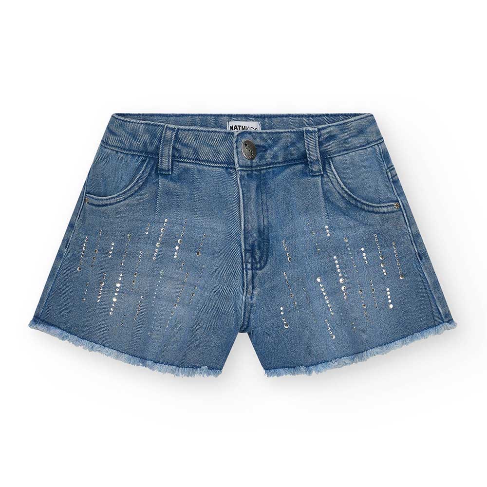 Denim shorts from the Nath Kids Girls' Clothing Line with a wide and frayed hem design. 
Composit...
