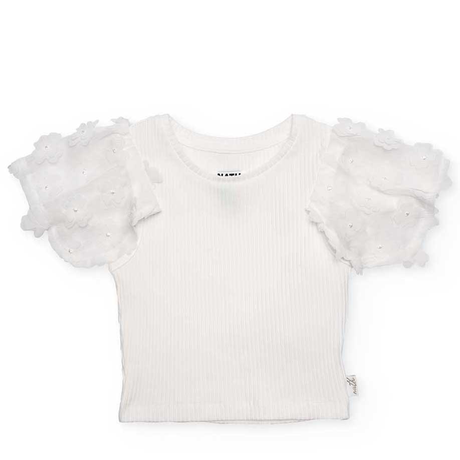 Maglietta della Linea Abbigliamento bambina Nath Kids, a costine con maniche in tulle con fiori a...