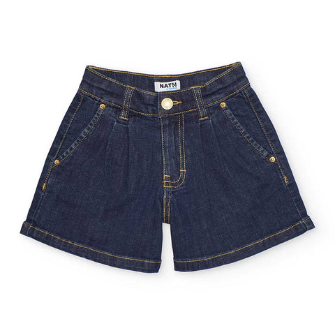 Bermuda denim blu scuro per bambina con cintura regolabile