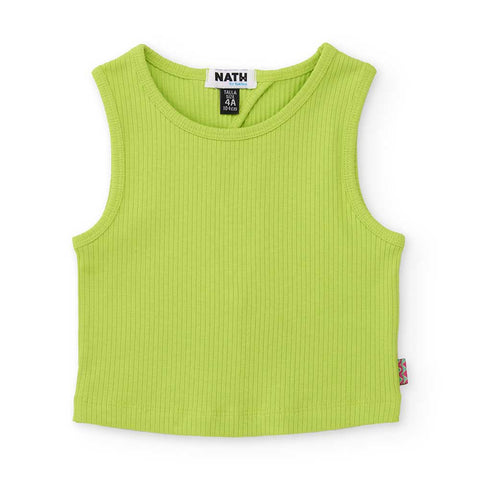 Top corto asimmetrico verde fluo per bambina della marca Nath Kids.