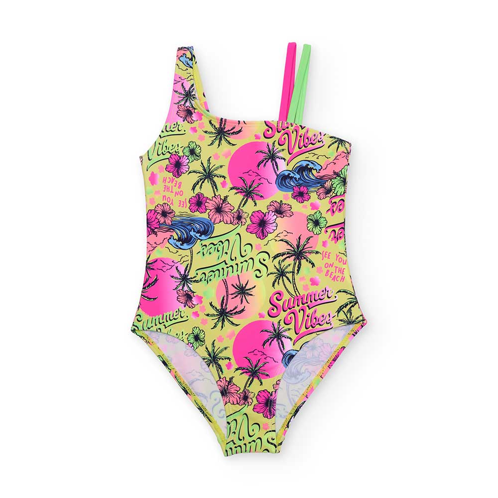 Costume intero della Linea Abbigliamento bambina Nath Kids, con fantasia estiva a colori vivaci.
...