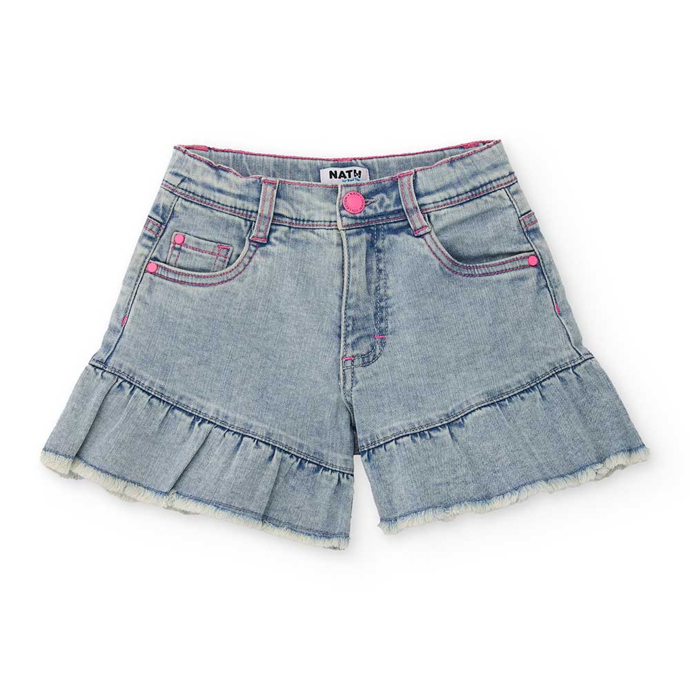 Shorts in denim della Linea Abbigliamento Bambina Nath Kids, con impunture in contrasto di colore...