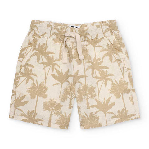 Bermuda beige con stampa di palme per bambini, perfetti per l'estate.