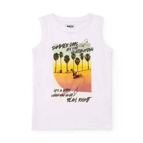T-shirt senza maniche bianca con grafica giovanile.