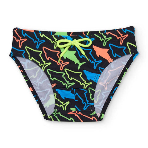 Costume da bagno Phelps Poolshark con design di squali colorati su sfondo nero.