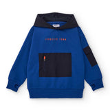 Felpa blu con cappuccio nero e tasca frontale nera con zip, scritta arancione Jurassic Town