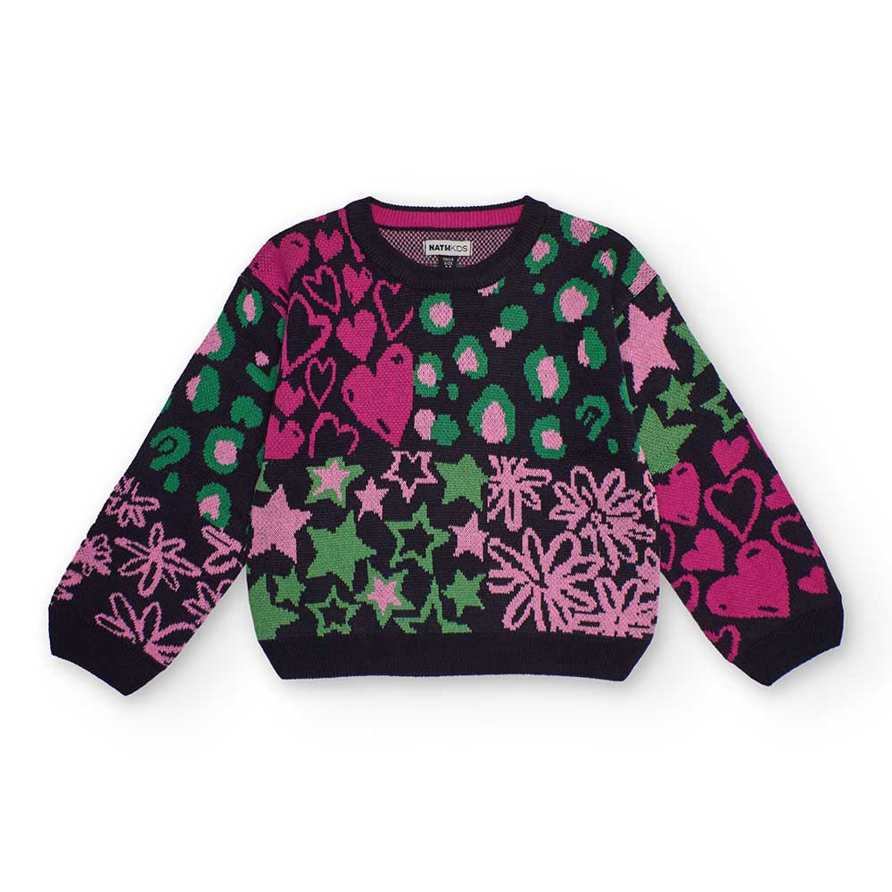 Maglione della Linea Abbigliamento Bambina Nath Kids, con fantasia multicolor su fondo blu.

Comp...