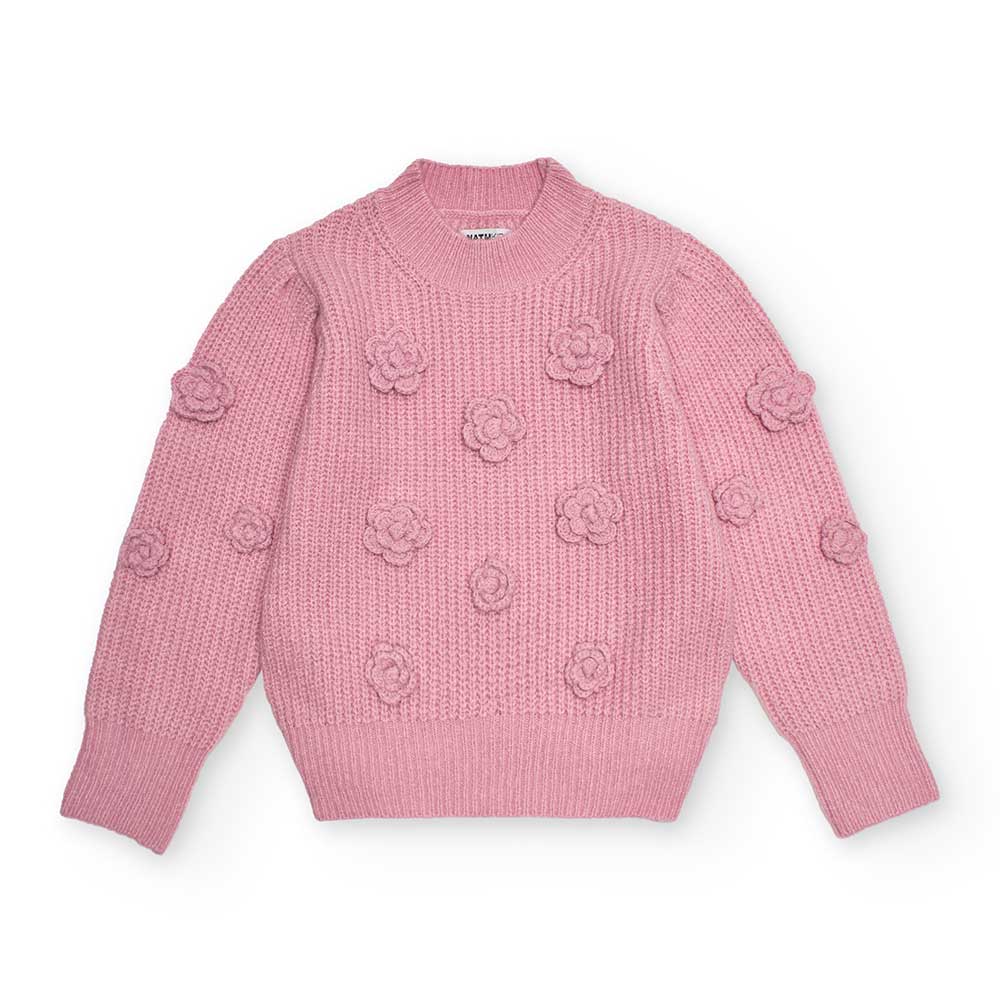 Maglione della Linea Abbigliamento Bambina Nath Kids, con mezzo collo e fiori in maglia applicati...