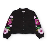 Bomber jacket nera con applicazioni floreali di paillettes colorate
